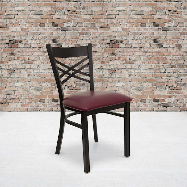 Flash Furniture Black ''X'' Back Metal Restaurant Chair, Burgundy Vinyl Seat, PK2 2-XU-6FOBXBK-BURV-GG - main
