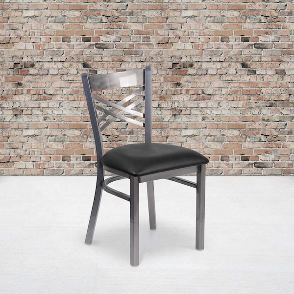Flash Furniture Clear Coated ''X'' Back Metal Restaurant Chair, Black Vinyl Seat, PK2 2-XU-6FOB-CLR-BLKV-GG - main