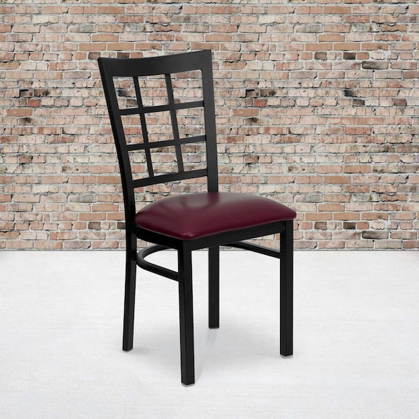 Flash Furniture Black Window Back Metal Restaurant Chair, Burgundy Vinyl Seat, PK2 2-XU-DG6Q3BWIN-BURV-GG - main