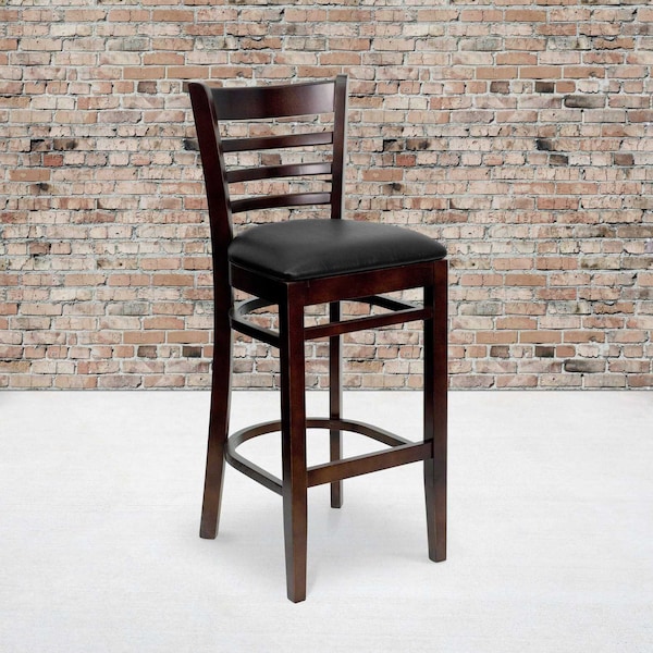 Flash Furniture Ladder Back Walnut Wood Restaurant Barstool, Black Vinyl Seat, PK2 2-XU-DGW0005BARLAD-WAL-BLKV-GG - main