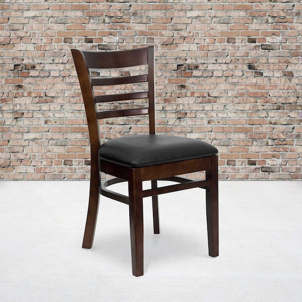 Flash Furniture Ladder Back Walnut Wood Restaurant Chair, Black Vinyl Seat, PK2 2-XU-DGW0005LAD-WAL-BLKV-GG - main