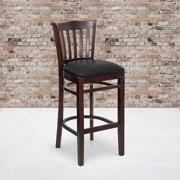 Flash Furniture Vertical Slat Back Walnut Wood Barstool, Black Vinyl Seat, PK2 2-XU-DGW0008BARVRT-WAL-BLKV-GG - main