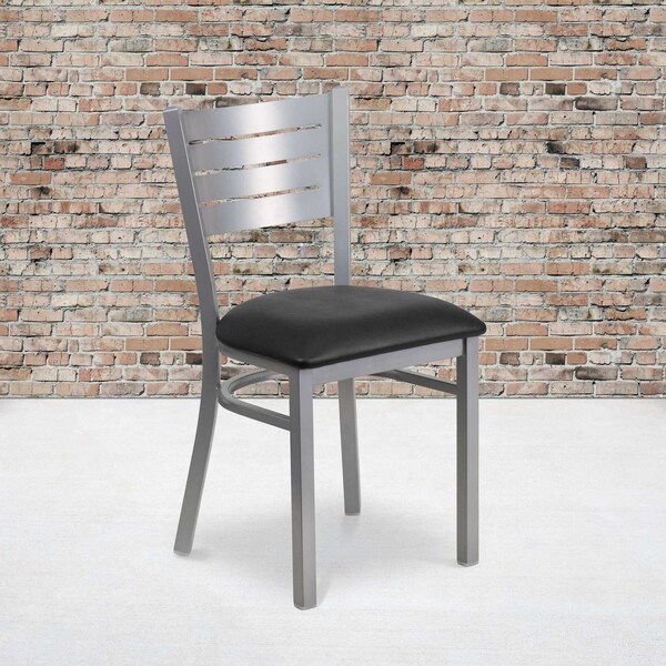 Flash Furniture Silver Slat Back Metal Restaurant Chair, Black Vinyl Seat, PK2 2-XU-DG-60401-BLKV-GG - main