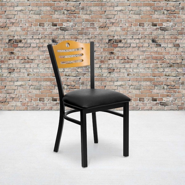 Flash Furniture Black Slat Back Metal Chair, Natural Wood Back, Black Vinyl Seat, PK2 2-XU-DG-6G7B-SLAT-BLKV-GG - main