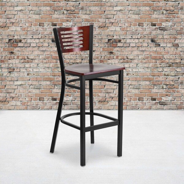 Flash Furniture Bk/Mah Slat Stool-Wood Seat, PK2 2-XU-DG-6H1B-MAH-BAR-MTL-GG - main