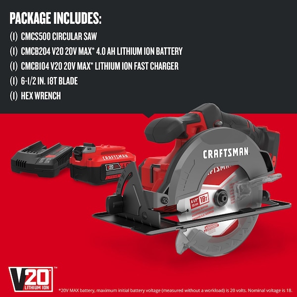 Craftsman V20 Cordless 6-1/2 in Circular Saw Kit CMCS500M1 Zoro