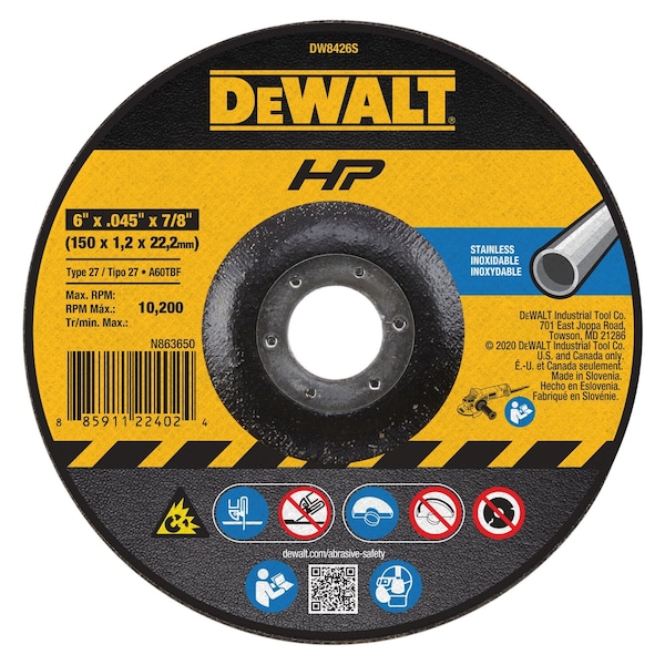 Dewalt Depressed Center Cut-Off Wheel, Type 27, 6 in Dia, 0.045 in Thick, 7/8 in Arbor Hole Size, 60 Grit DW8426S - main