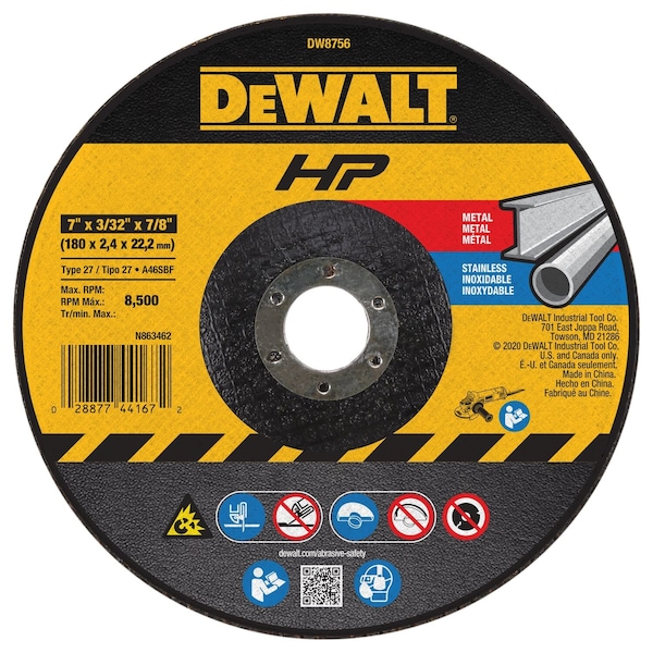 Dewalt Depressed Center Cut-Off Wheel, Type 27, 7 in Dia, 0.0938 in Thick, 7/8 in Arbor Hole Size, 24 Grit DW8756 - main
