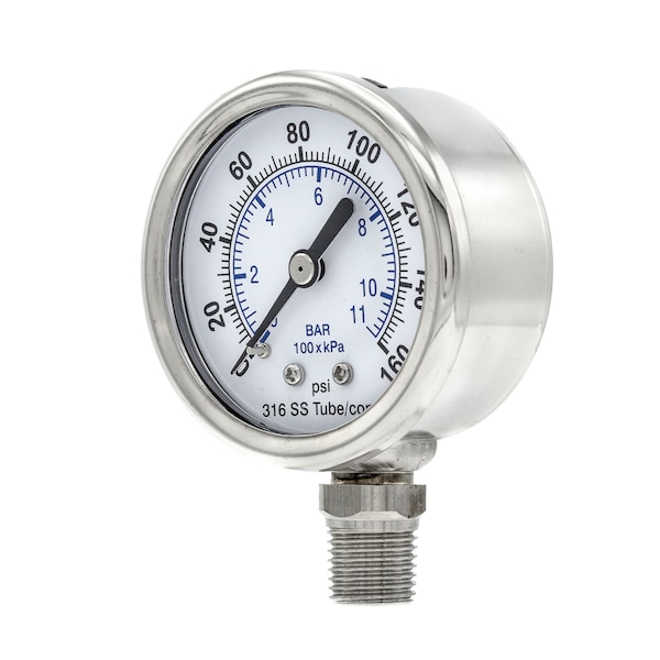 Pic Gauges Gauge, 2", 0/160psi, 1/4"LM, SS, 2 in Dial, 1/4 in NPT Male Lower Location PRO-301D-204F-01 - main