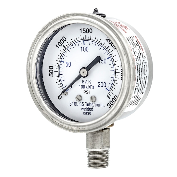 Pic Gauges Gauge, 2.5", 0/3000psi, 1/4"Low Mount, SS, 2 1/2 in Dial, 1/4 in NPT Male Lower Location PRO-301D-254P-01 - main