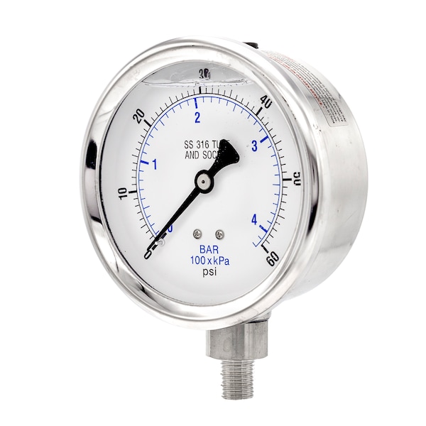Pic Gauges Gauge, 4", 0/60psi, 1/4"LM, SS, LF, 4 in Dial, 1/4 in NPT Male Lower Location PRO-301L-404D-01 - main