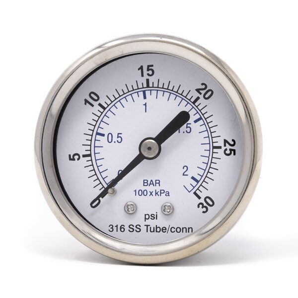Pic Gauges Gauge, 2", 0/30psi, 1/8"CBM, SS, 2 in Dial, 1/8 in NPT Male Center Back Location PRO-302D-208C-01 - main