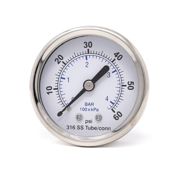 Pic Gauges Gauge, 2", 0/60psi, 1/8"CBM, SS, 2 in Dial, 1/8 in NPT Male Center Back Location PRO-302D-208D-01 - main