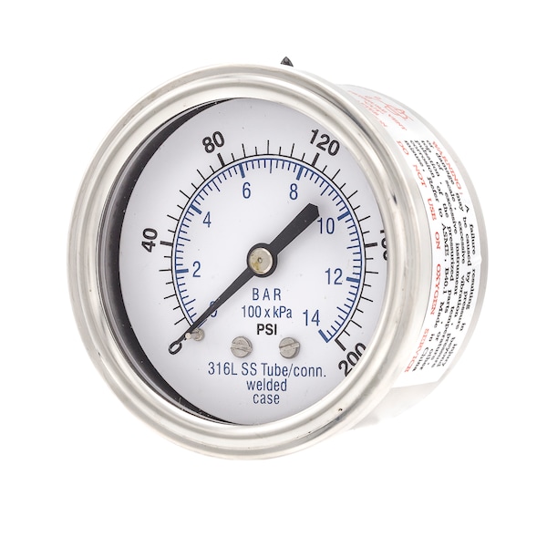 Pic Gauges Gauge, 2.5", 0/200psi, 1/4"CBM, SS, 2 1/2 in Dial, 1/4 in NPT Male Center Back Location PRO-302D-254G-01 - main