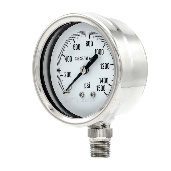 Pic Gauges Gauge, 2.5", 0/1500psi, 1/4", SS, 1perRemBez, 2 1/2 in Dial, 1/4 in NPT Male Lower Location PRO-311D-254N - main