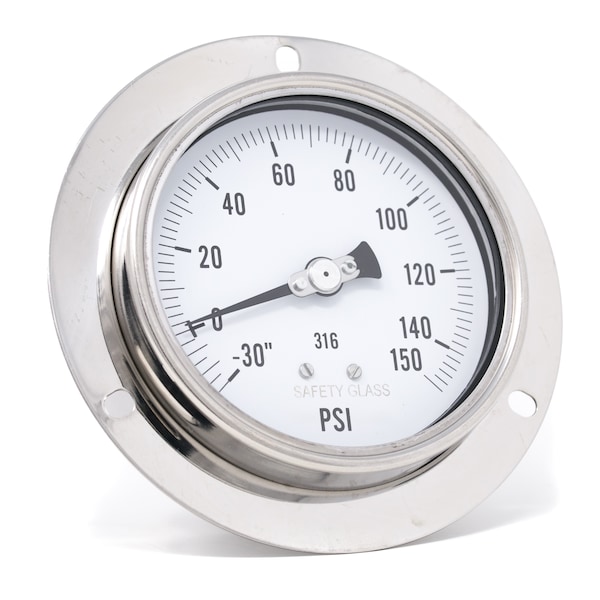 Pic Gauges Gauge, 4", 30/0/150psi, 1/4"LBM, SS, FrtFlang, 4 in Dial, 1/4 in NPT Male Lower Back Location PRO-314D-404CF - main