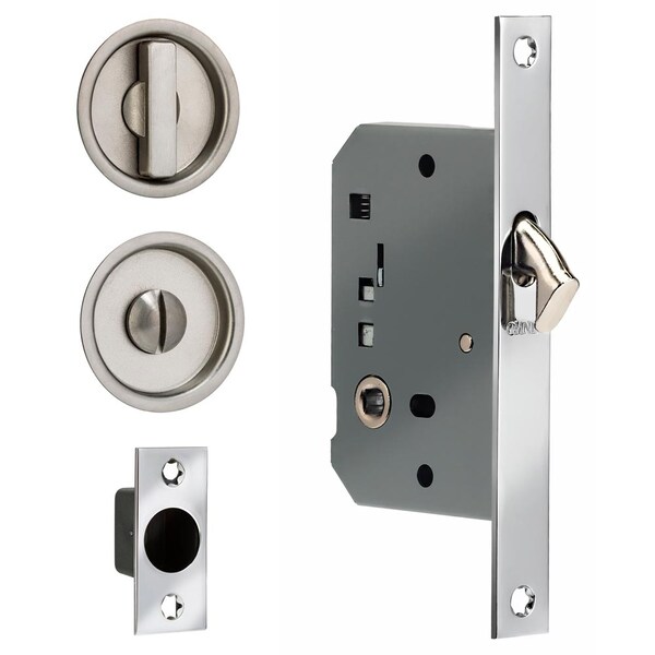 Omnia Backset Sliding Pocket Door Square Mort Round Trim Satin Nickel 2" 3910S.15