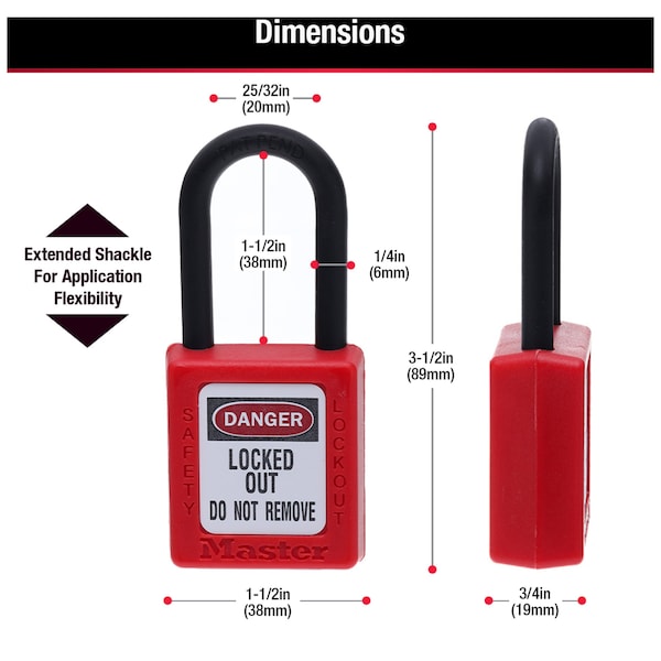 Master Lock Lockout Padlock, Keyed Different, Thermoplastic