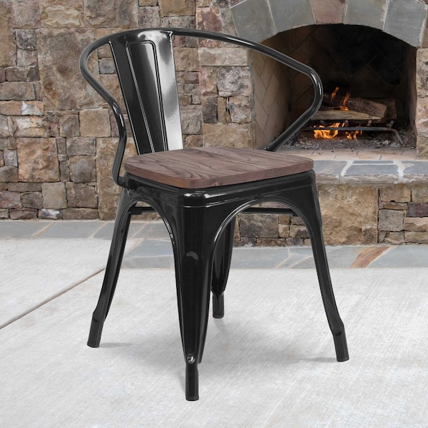 Flash Furniture Black Metal Chair with Wood Seat and Arms, PK4 4-CH-31270-BK-WD-GG - main