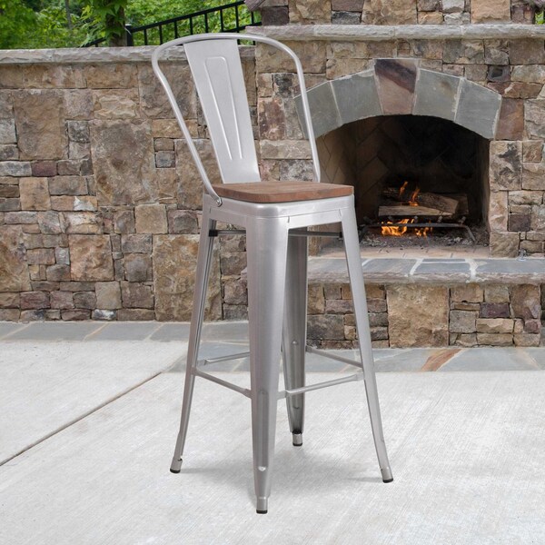 Flash Furniture Silver Metal Barstool with Back and Wood Seat, 30" High, PK4 4-CH-31320-30GB-SIL-WD-GG - main