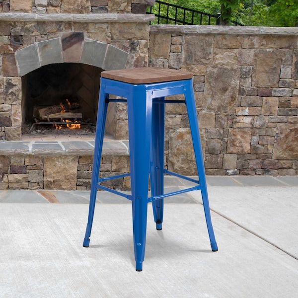 Flash Furniture Backless Blue Metal Barstool with Square Wood Seat, 30" High, PK4 4-CH-31320-30-BL-WD-GG - main