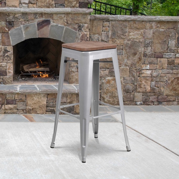 Flash Furniture Backless Silver Metal Barstool with Square Wood Seat, 30" High, PK4 4-CH-31320-30-SIL-WD-GG - main