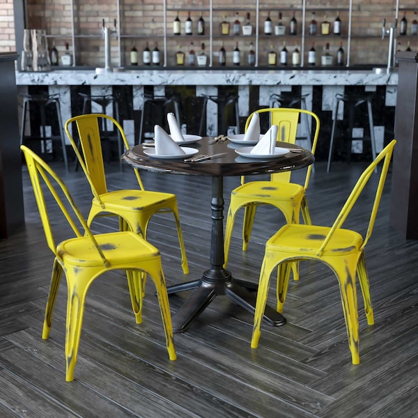 Flash Furniture Distressed Yellow Metal Indoor-Outdoor Stackable Chair, PK4 4-ET-3534-YL-GG - main