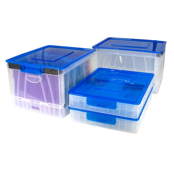 Storex Stacking Container, Clear/Blue, Plastic, 9.25 gal Volume Capacity, 4 PK 61819B04C