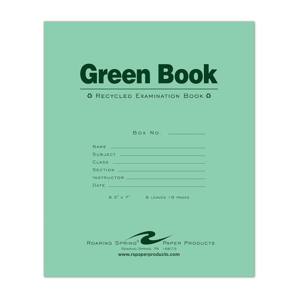 Roaring Spring Case of Recycled Exam Green Books, 8.5" x 7", 8 Sheets/16 Pages, Wide Ruled with Margin, PK600 77508cs - main