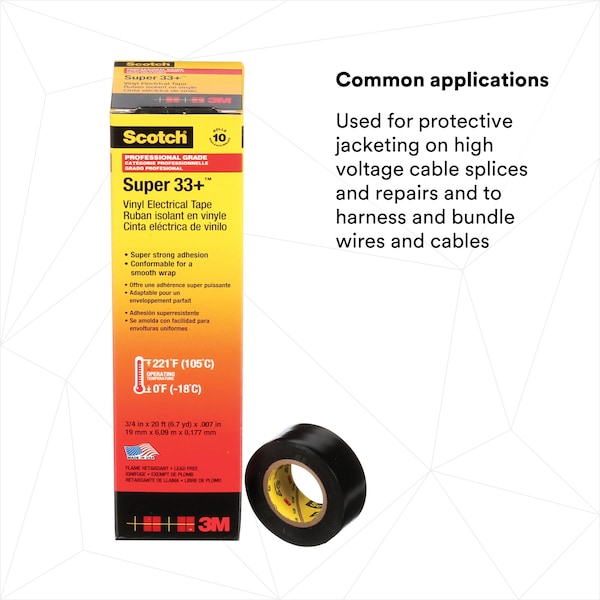 3M Vinyl Electrical Tape, 3/4 in W x 20 ft L, 7 mil Thick