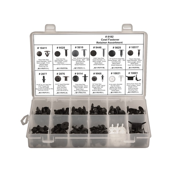 Zoro Select Cowl Fastener Retainer Assortment, 168 Pc 8182 Zoro