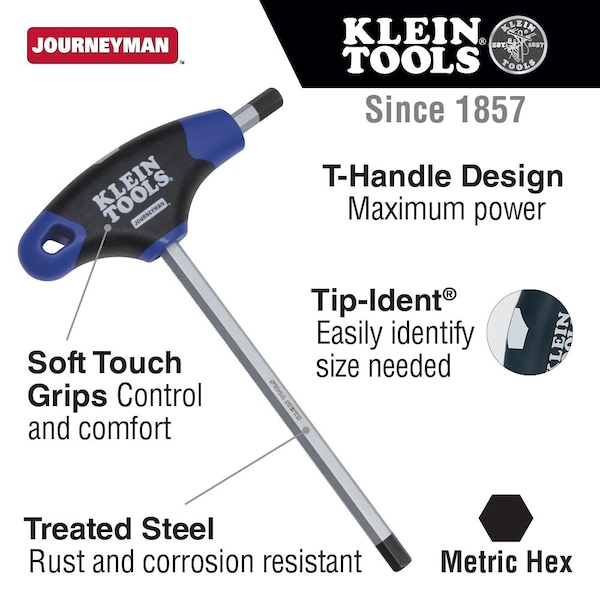 Klein Tools Metric T-Handle Hex Key, 2.5 mm Tip Size JTH6M25