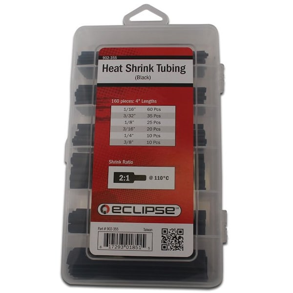Eclipse Tools Heat Shrink Tube, 1/16 in, 3/32 in, 1/8 in, 3/16 in, 1/4 in, 3/8 in, Black, 9-3/4 in 902-355 - main