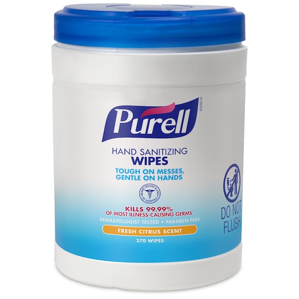 Purell Hand Sanitizer Wipes, White, Canister, Non Linting Textured, 270 Wipes, 6 in x 6-3/4 in, Citrus 9113-06