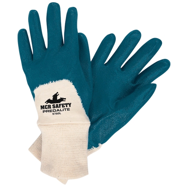 Mcr Safety Coated Gloves, Nitrile, Smooth, 3/4 Dip, Not Rated Abrasion Level, Blue/White, L 12 PK 9780L - main