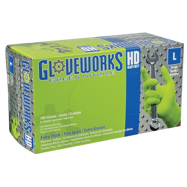 Gloveworks By Ammex GWGN, Disposable Gloves, 8 mil Palm, Nitrile, Powder-Free, L, Green AMXGWGN46100 - main