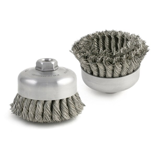 Brush Research BUDX414 Wire Cup Brush 4" Diameter, 1" Trim Length, 5/8-11 Arbor Hole, .014 Hi-Temp Carbon Steel BUDX414 - main