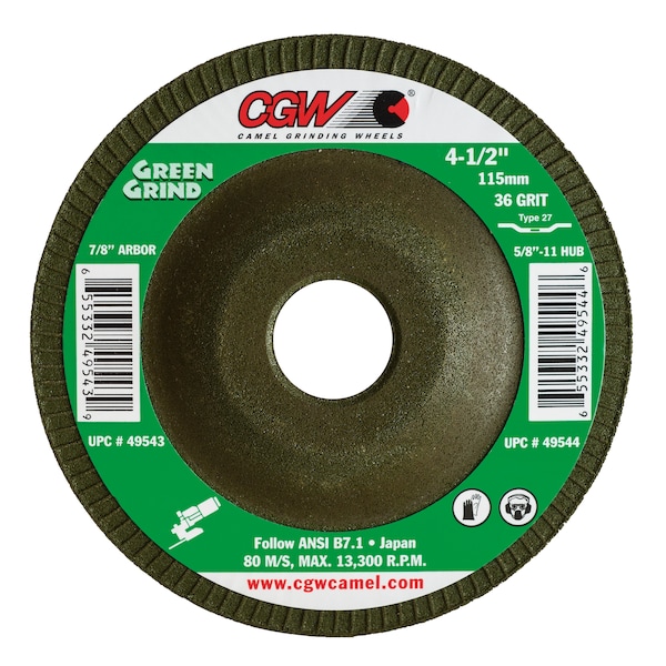 Cgw Abrasives Depressed Ctr Whl, 4.5x5/32x7/8, 36GT27GRN 49543