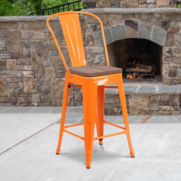 Flash Furniture Metal Counter Stool, 24", Orange, Seat Material: Wood CH-31320-24GB-OR-WD-GG - main