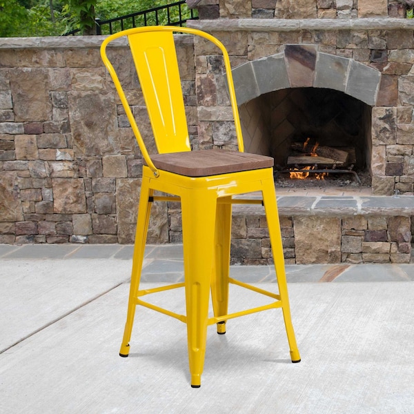 Flash Furniture Metal Counter Stool, 24", Yellow, Seat Material: Wood CH-31320-24GB-YL-WD-GG - main