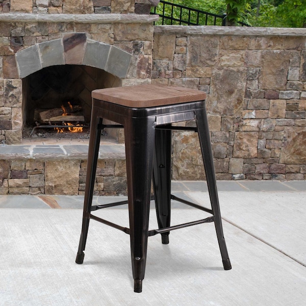 Flash Furniture Antique Metal Stool, 24", Black, Seat Material: Wood CH-31320-24-BQ-WD-GG - main