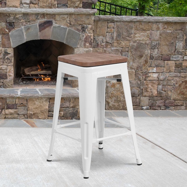 Flash Furniture Metal Counter Stool, 24", White, Seat Material: Wood CH-31320-24-WH-WD-GG - main