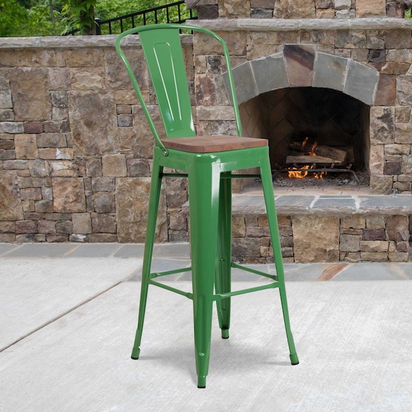 Flash Furniture Metal Barstool, 30", Green, Seat Material: Wood CH-31320-30GB-GN-WD-GG - main