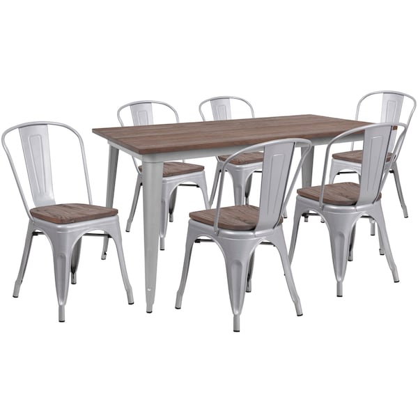 Flash Furniture Rectangle Silver Metal Table Set with Wood Top and, 30.25" W, 60" L, 30.5" H, Wood, Wood Grain CH-WD-TBCH-14-GG - main