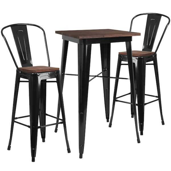 Flash Furniture Square Square Black Metal Bar Table Set with Wo, 26" L, 26" W, 42" H, Wood Top, Wood Grain CH-WD-TBCH-16-GG - main