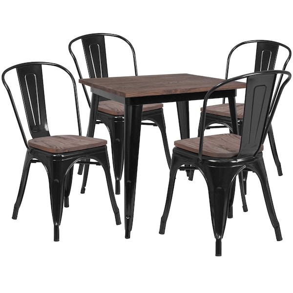 Flash Furniture Square Black Metal Table Set with Wood T, 32.25"W W, 31.5" Square L, 30.5"H H, Walnut Elm Wood Top CH-WD-TBCH-18-GG - main