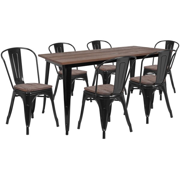 Flash Furniture Rectangle Black Metal Table Set with Wood Top and, 30.25" W, 60" L, 30.5" H, Wood, Wood Grain CH-WD-TBCH-28-GG - main