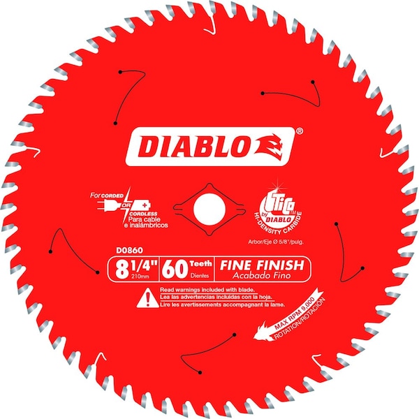 Diablo Tooth Fine Finish Saw Blade, 81/4" 60 D0860X Zoro