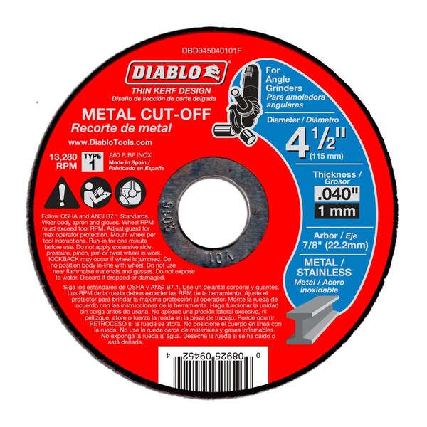 Diablo Abrasive Cut-Off Wheel, Type 1, 4-1/2 in Dia, 0.04 in Thick, Aluminum Oxide DBD045040125F - main