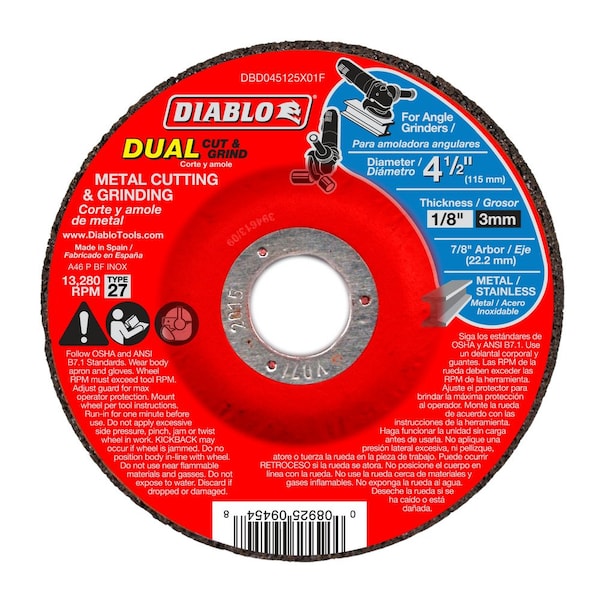 Diablo Metal Duo Cut/Grind Disc, 1/8 in T, Type 27, 4-1/2 in Dia, 1/8 in Thick, Aluminum Oxide DBD045125X01F - main